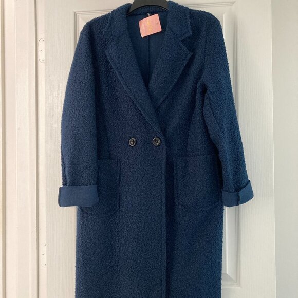 Long Double-Breasted Boucle Coat – Navy (Made in Italy) Size 10-12 (M/L) - Picture 1 of 7